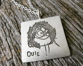 Engraved Kid's Drawing, Pendants Initial Portrait Necklace, Silver Personalized for Mommy Daddy Grandparent, Custom Artisan Handmade Jewelry