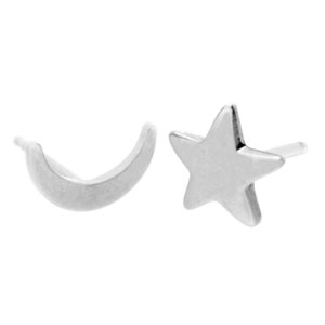 Solid Gold Moon and Star Earrings, Moon & Star Studs 14K Gold, Hand Crafted, His and Hers Jewelry, Little Luxuries, Artisan Handmade White