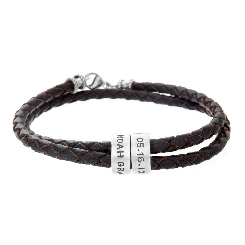 Valentines Day Gift for Him, Personalized Silver Loops on Braided Leather Bracelet image 2