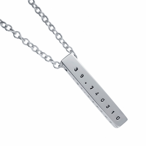 Silver Coordinate Bar Pendant Necklace, Engraved GPS Geolocation, Personalized Men's Jewelry, Custom Engraved for Him