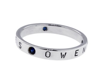 Personalized Gift for Mom - Silver Everyday Ring with Birthstones - Colored Diamonds and Hand stamped Name Date - 3mm Band