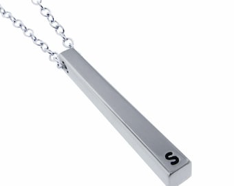 Personalized Vertical Silver Bar Necklace Initial Custom Unisex 925 Jewelry Engraved Artisan Handmade Geometric Stick Pendant