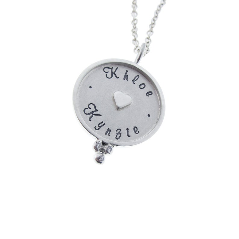 Hand Stamped Names Personalized Custom Gift for Mom Charm Necklace Heart Charm Diamond Chandelier Cluster Mother of Twins Necklace