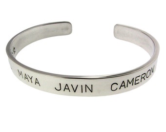 Personalized Bracelet for Dad, Sterling Silver Men&#39;s 9mm Cuff, Engraved Kids Names | Secret Message | Military Memorial | Family Gift