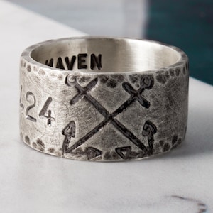 Personalized Sterling Silver Anchor Ring – Custom Engraved Nautical Jewelry for Men