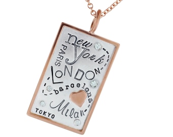 Around the World Destination Location Pendant Necklace - Sterling Silver and 14k Gold Custom Personalized Travel Jewelry