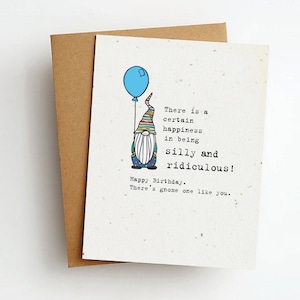 May include: A birthday card with a colorful gnome holding a blue balloon. The card reads "There is a certain happiness in being silly and ridiculous! Happy Birthday. There's gnome one like you."