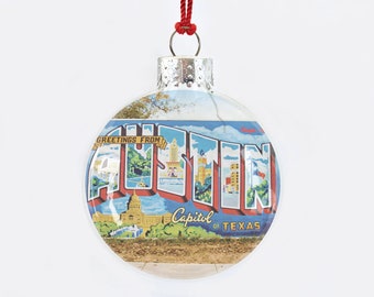 greetings from austin texas see-through glass ornament