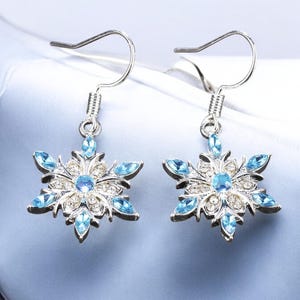 Blue Crystal Snowflake Earrings - Christmas Dangle Jewelry, Zircon Rhinestone Drop Earrings for Women