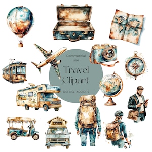 Vintage Travel Clipart Bundle - Adventure Watercolor Graphics | Travel PNGs for Scrapbooks, Junk Journals, and Planners | Commercial use