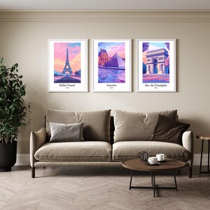 Paris Printable Poster Set - Eiffel Tower, Arc de Triomphe & Louvre | Paris set of 3 | Europe travel poster | Bundle set | Paris skyline