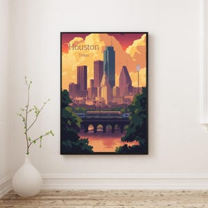 Houston skyline art | Retro Texas Poster | Gift for Traveler | Houston Art | Texas prints | American Travel Poster | North America Poster