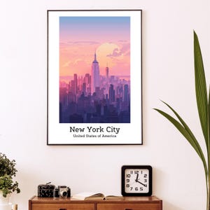 Póster imprimible de Nueva York: paisaje urbano minimalista en tonos pastel de la Gran Manzana / Arte mural con el horizonte de la ciudad / Impresión de descarga digital / Ciudad colorida