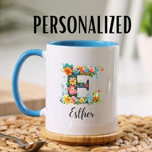 Taza de café personalizada con nombre colorido y diseño de letra E, taza de cerámica personalizable para calentar té, lindo regalo de cumpleaños personalizado para el día de la madre