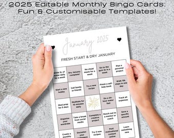 Modelli di schede bingo mensili modificabili per il 2025 – Design Canva personalizzabili (12 mesi, 24 modelli)