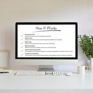 Pu&ograve; includere: Uno schermo di computer che mostra un elenco di passaggi su come utilizzare una guida. I passaggi includono l'acquisto della guida, l'accesso ad essa, la creazione di una copia, la personalizzazione, il seguito delle guide passo passo e la garanzia di coerenza e autenticit&agrave;. Il testo "How It Works" &egrave; scritto in nero nella parte superiore dello schermo.
