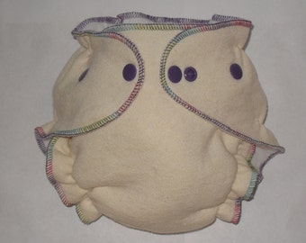 Organic Hemp fitted diaper with punch colored thread and purple snaps