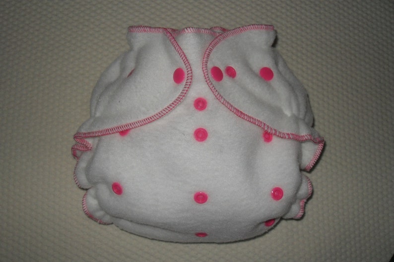 White fleece diaper cover wrap white with hot pink snaps image 1