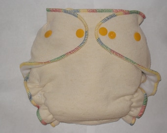 Organic Hemp  fitted diaper with yellow snaps and primary color thread