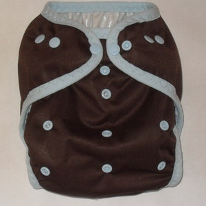 Brown PUL diaper cover with light blue snaps