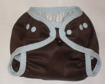 Brown diaper cover  with light blue snaps