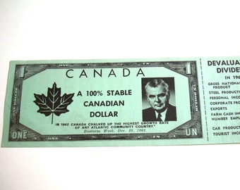 Green Diefenbaker Dollar 1962 Diefendollar Devaluation Dividend Vintage Political Campaign Prop Progressive Conservatives Canadian Canada PC