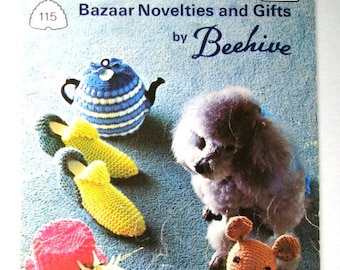 Vintage Bazaar Novelties and Gifts Pattern Booklet by Patons Beehive No 115 Knitting Crochet Patterns Tea Cosies Slippers Toys and Dog Coats