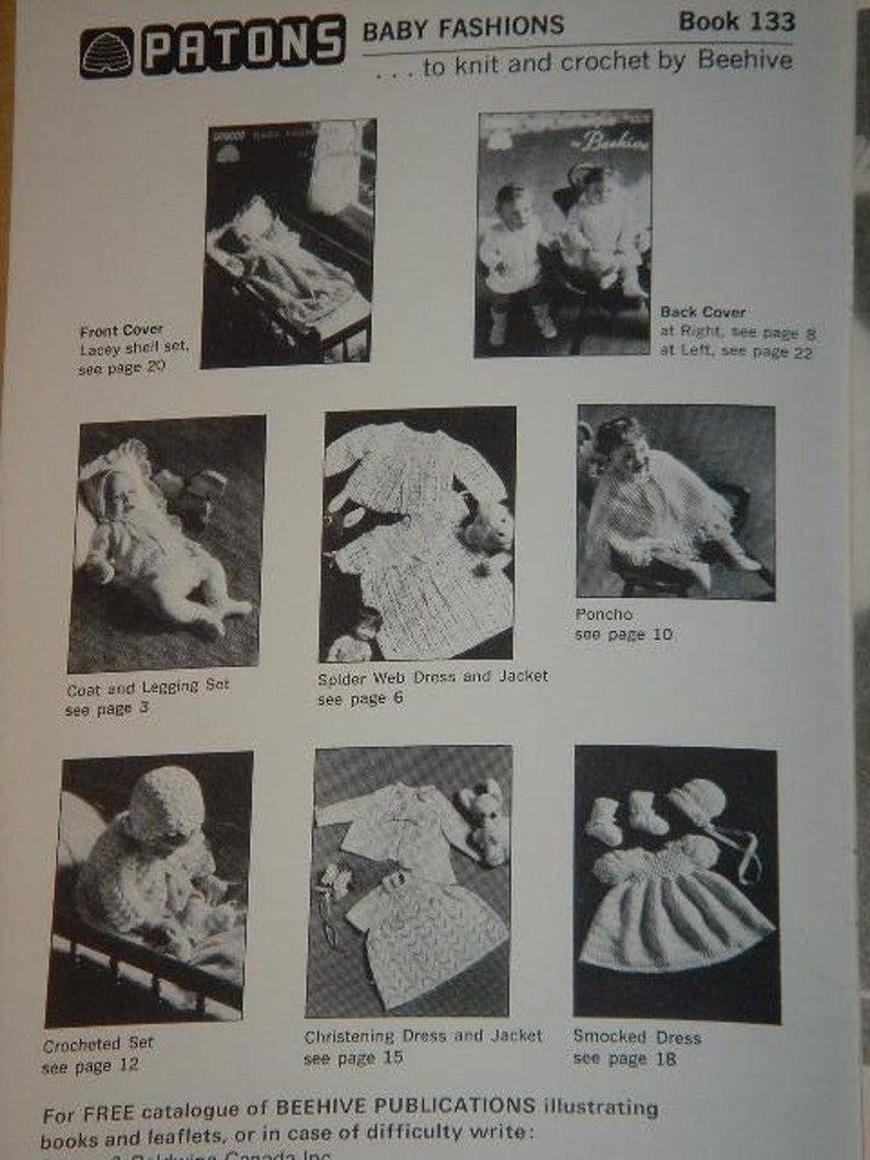Vintage Pattern Book 133 BABY FASHIONS Knit Crochet Patterns Beehive Patons Newborn Sets Sweater Hat Booties Mitts Pullover Jumper Cardigan image 3