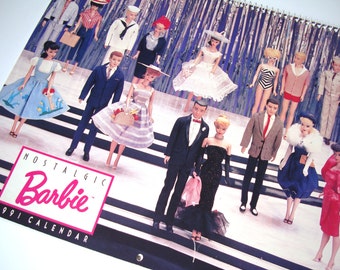 Vintage nostalgique Barbie calendrier 1991 dispose des années 1960 poupées Barbie - objet de collection, carte faisant, Altered Art, technique mixte, Scrapbooking