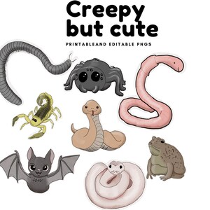Op de afbeelding: Een set met printbare en bewerkbare PNG-afbeeldingen met schattige, cartoonachtige kruipende beestjes. De set bevat een spin, een worm, een schorpioen, een slang, een pad en een vleermuis.