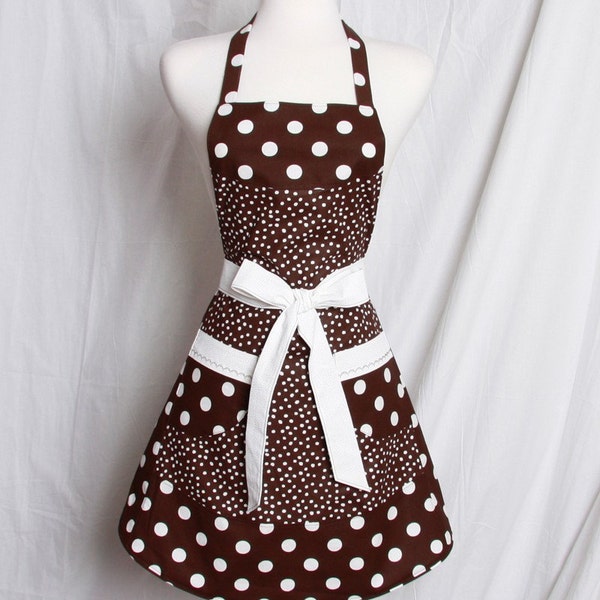 Retro Apron this fun and Flirty dark Brown White Polka dots with White trim