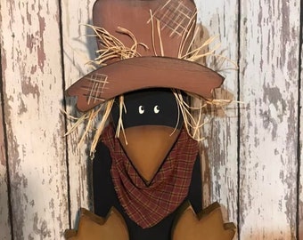 Primitive Fall Wood Crow Sitting With Homespun Scarf - Fall Harvest Decor #2153
