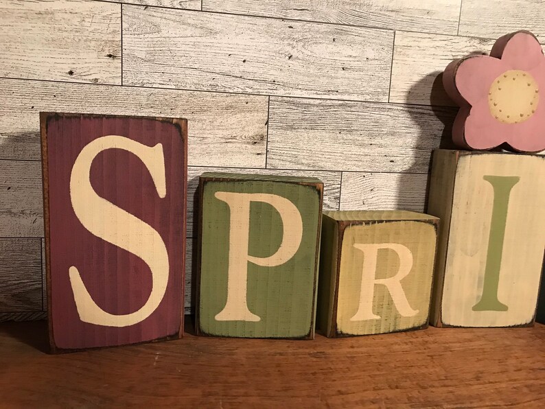 Spring Block Decor Hand Painted Spring Block Set - Rustic Flower Shelf Sitter #702 - Etsy