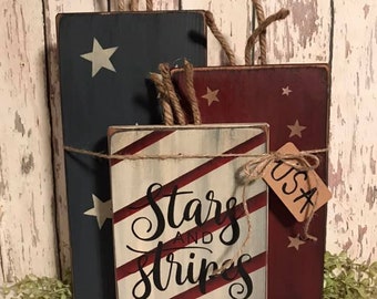 Stars and Stripes Wood Firecracker Set/3-July 4th-Independence Day-Decoration-Table Sitter-Primitive Wood-Handmade #1156