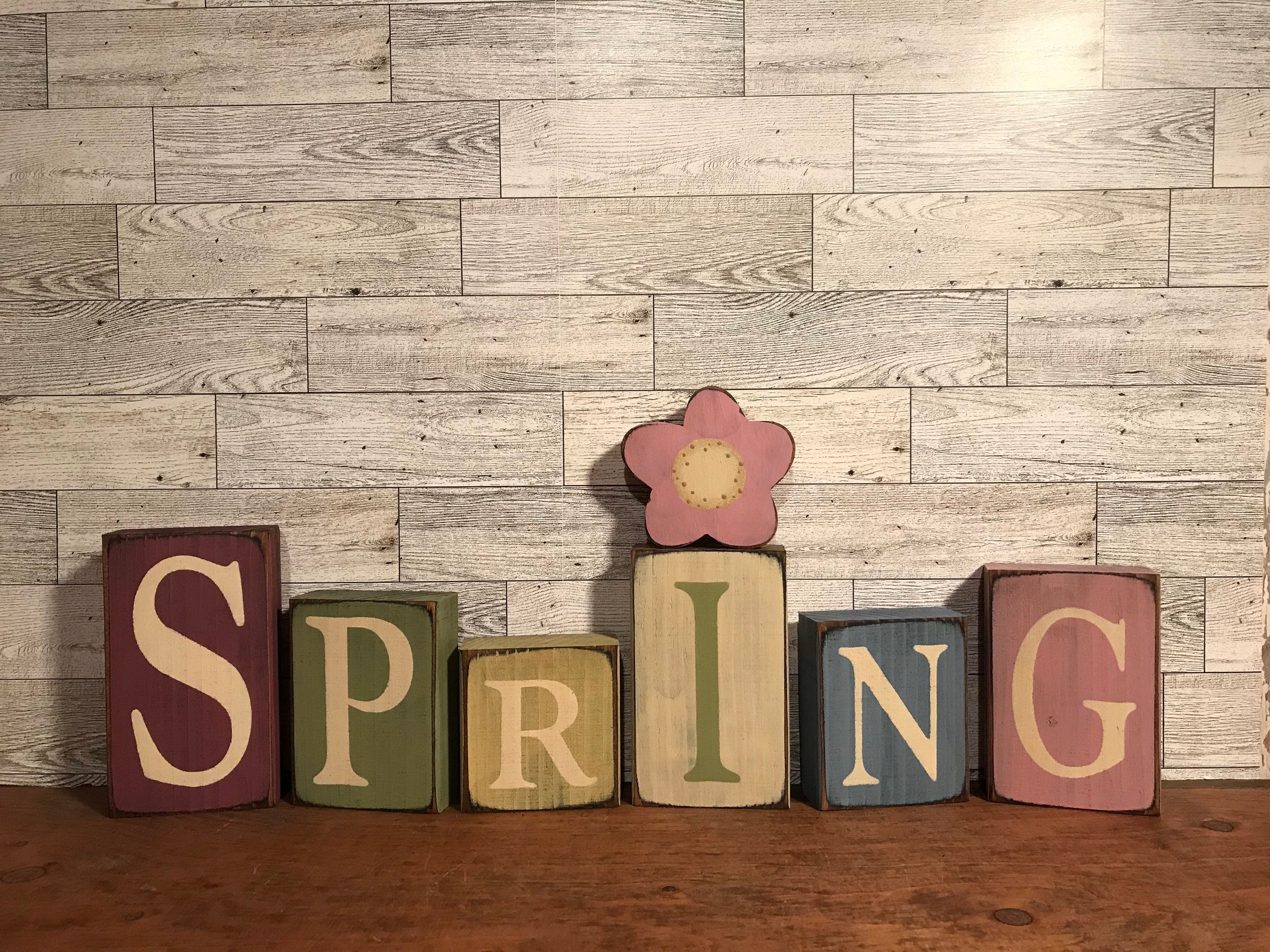 Hello Spring Block Decor Hand Painted Spring Block Set - Rustic Flower Shelf Sitter #702 - Etsy