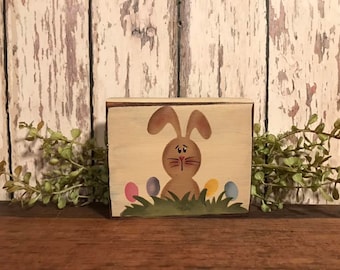 Bunny and Eggs Primitive Wood Block- Shelf Sitter - Primitive Easter-Handmade-Decoration-Spring #98