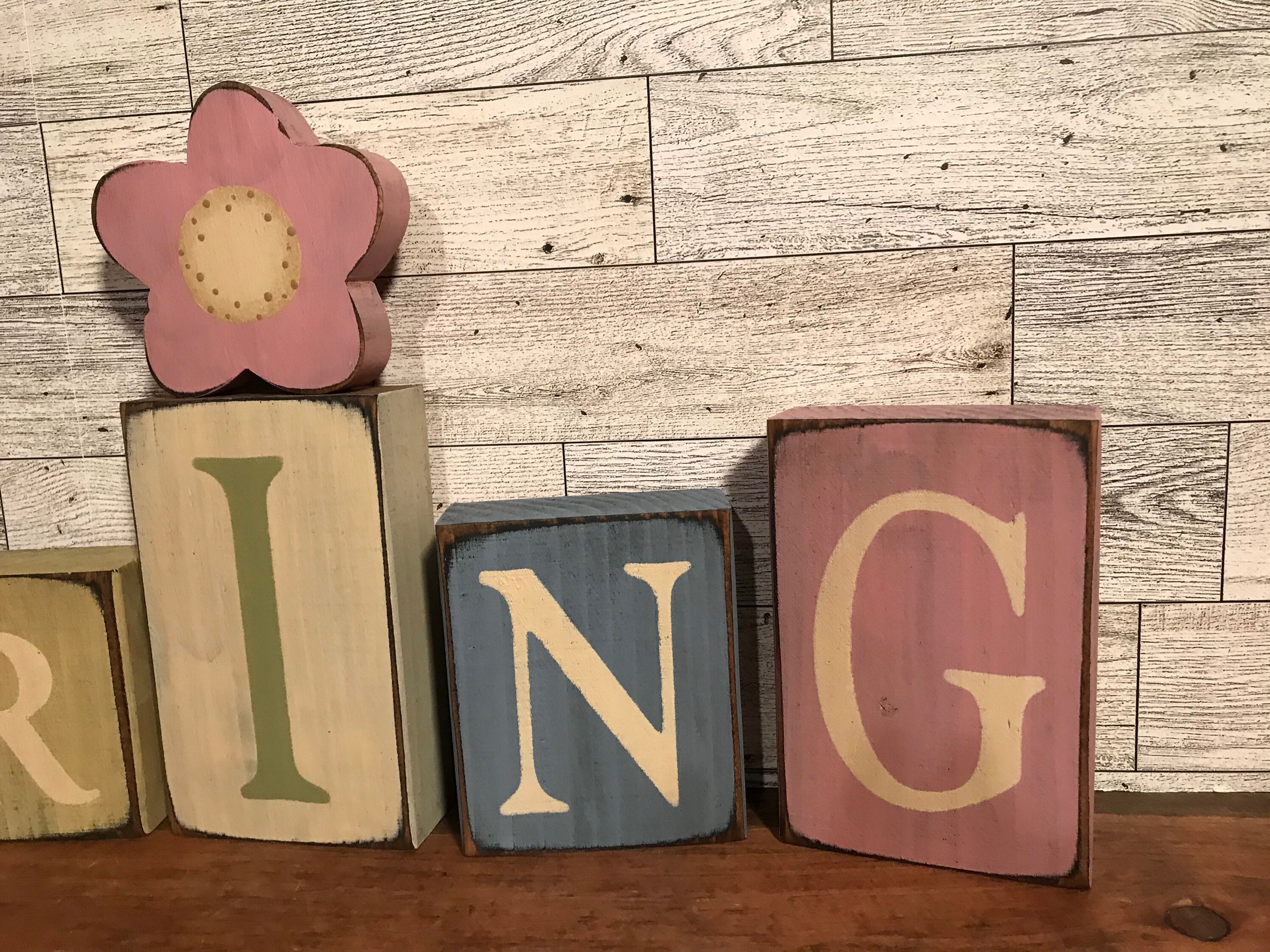 Hello Spring Block Decor Hand Painted Spring Block Set - Rustic Flower Shelf Sitter #702 - Etsy