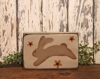 Jumping Bunny with Flowers Wood Stacking Block-Shelf Sitter-Primitive Spring-Handmade-Decoration-Spring #97