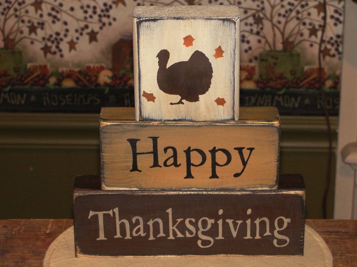 Happy Thanksgiving Primitive Wood Stacking Block Set 118 image 1