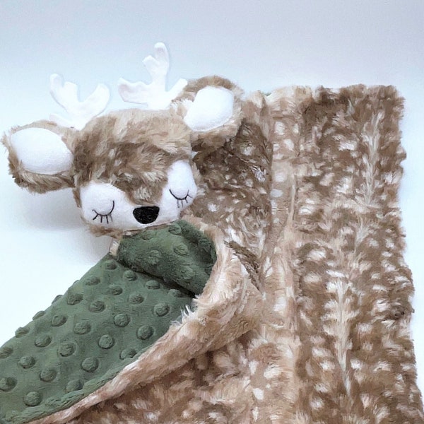 Sweet Little Deer/Buck Lovey,Personalized Baby Lovie,Baby Security Blanket,Super Soft Minky Baby Blanket with Stuffed Toy,Unique Unisex Gift