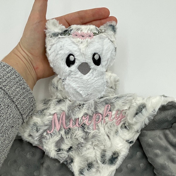 Snowy Arctic Owl Lovey, Minky Plush Baby/Toddler Blanket with Toy, Unique Personalized Baby Shower Gift, AKA Security Blanket, lovy, lovie