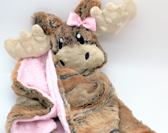 Personalized Baby Girl Lovey, Moose Security Blanket, Stuffed Animal Blankie, Super Soft Minky Blankety with Moose Plush Toy, AKA Lovie lovy