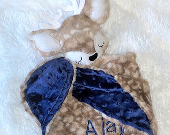 Deer Lovey, Super Soft and Snuggable Buck Lovie, Unique Baby Boy Gift, Personalized Baby Blanket with Attached Deer Toy,Security Blanket