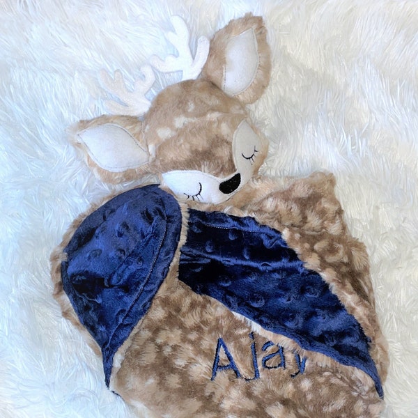Deer Lovey, Super Soft and Snuggable Buck Lovie, Unique Baby Boy Gift, Personalized Baby Blanket with Attached Deer Toy,Security Blanket