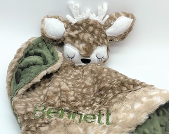 Deer Lovey Security Blanket, Super Soft and Snuggable Buck Lovie, Unique Baby Boy Gift, Personalized Baby Blanket with Attached Deer Toy