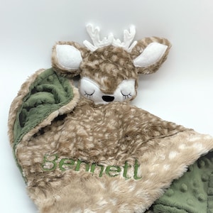 Deer Lovey Security Blanket, Super Soft and Snuggable Buck Lovie, Unique Baby Boy Gift, Personalized Baby Blanket with Attached Deer Toy