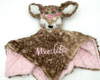 Personalized Baby Lovey with Attached Plush Fawn/Deer Toy, Brown Speckled Fawn Lovie,Unique Girl Baby Blanket, Ultra Soft Security Blanket,