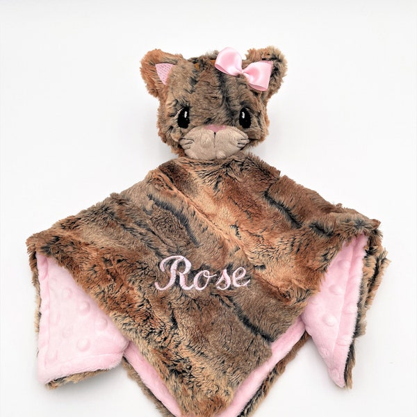 Cat Lovey Security Blanket, Super Soft and Snuggable Kitten Lovie, Unique Baby Girl Gift, Personalized Baby Blanket with Attached Cat Toy