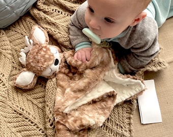 Deer Lovey Security Blanket, Soft Snuggable Buck Lovie, Personalized Baby Boy Gift