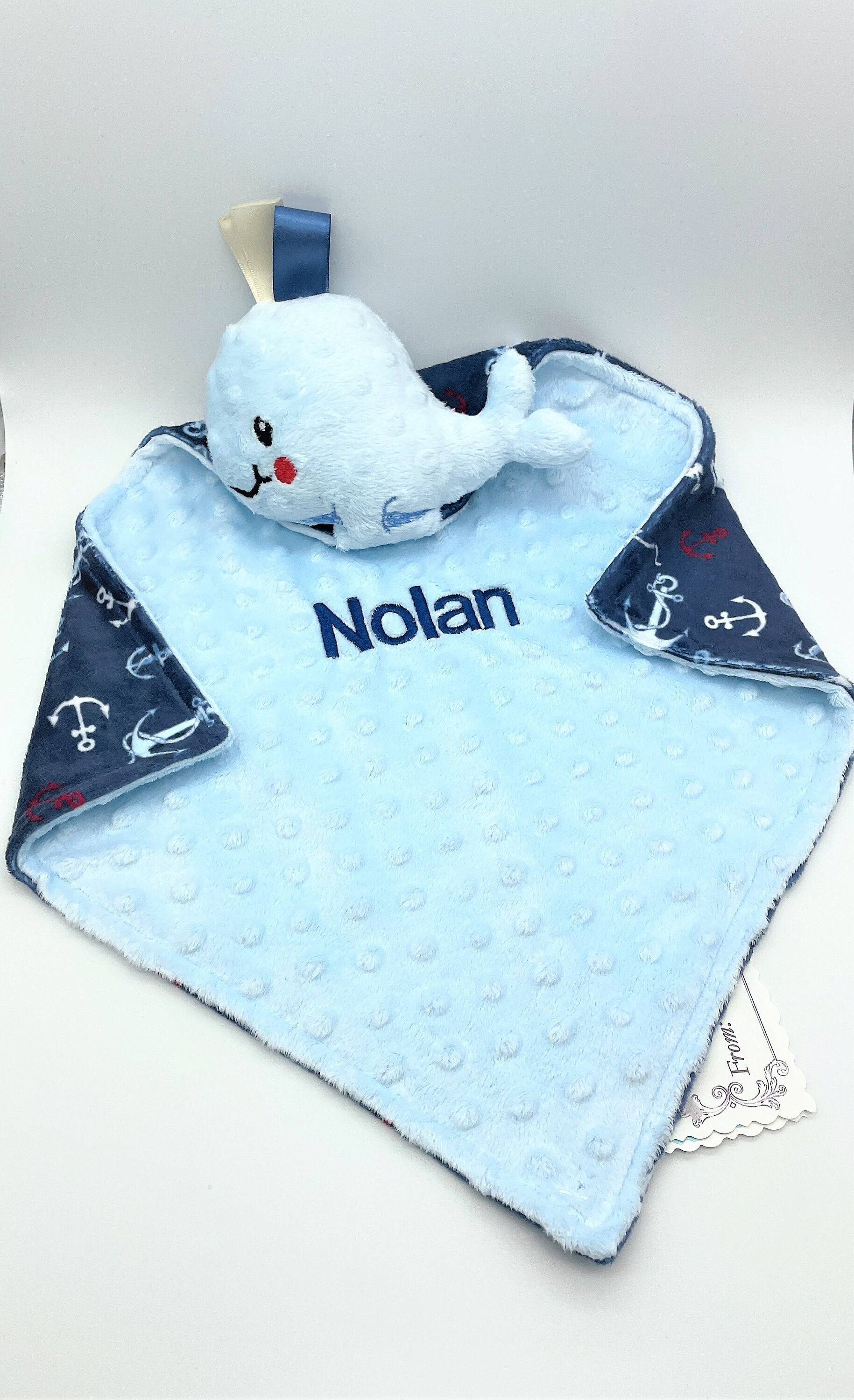 Personalized Baby Whale Lovey,  Nautical Whale Baby Blanket, Super Soft Minky Fabrics, Unique Baby Boy Gift, AKA Lovie Lovy Security Blanket